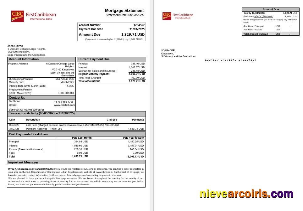 Saint Vincent and The Grenadines First Caribbean International bank mortgage statement in Word and PDF for